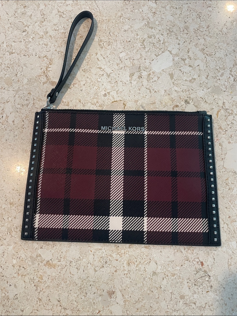 Michael Kors Burgundy and Black Plaid Wristlet with Studded Trim